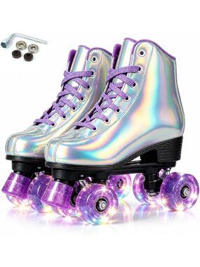 Holographic High Top Roller Skates, Shiny Double-Row Wheels for Indoor/Outdoor